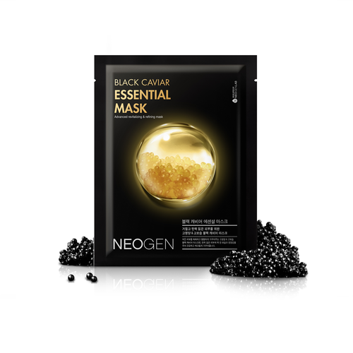 NEOGEN Black Cavier Essentail Mask 10 Sheets, masque au caviar noir par la marque NEOGEN sur fond blanc.