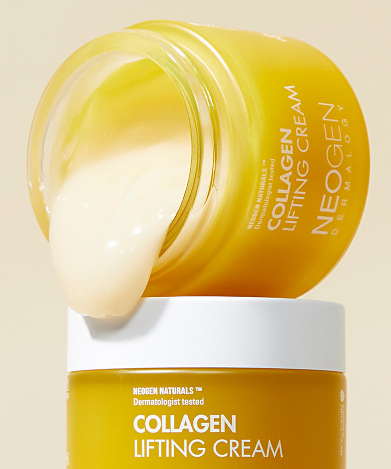 Décris l'image en français : NEOGEN Collagen Lifting Cream 70ml, pot de crème crème, marque NEOGEN, texture crème jaune sur fond clair.
