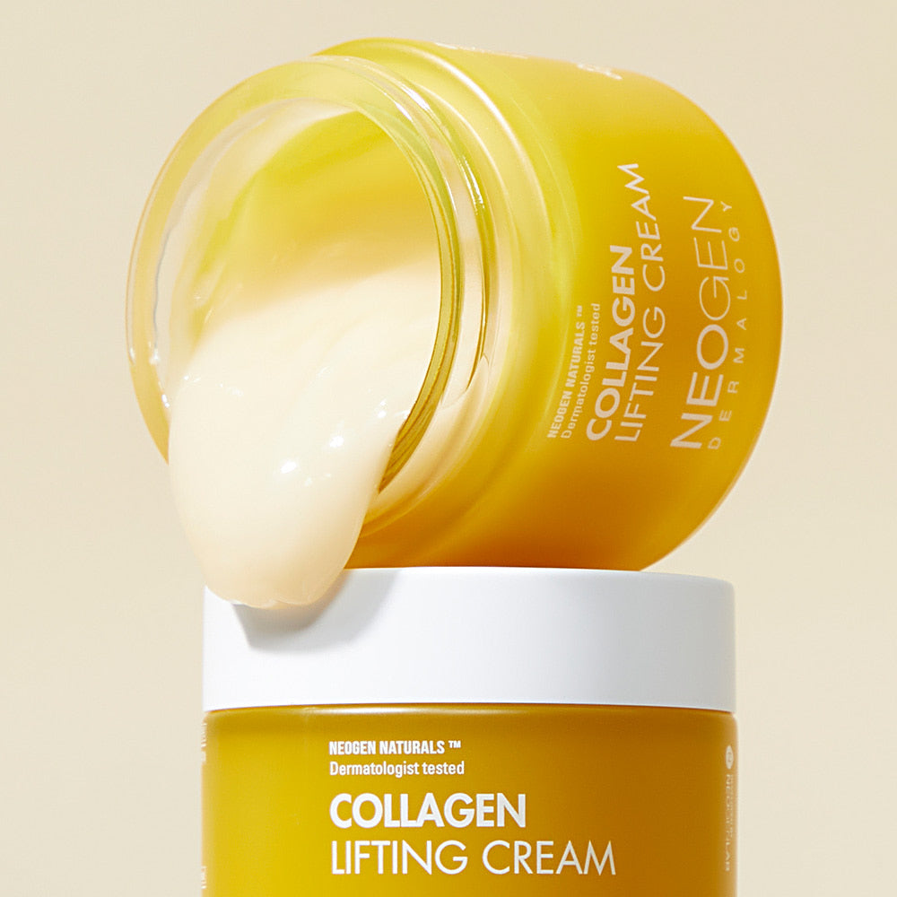 Décris l'image en français : NEOGEN Collagen Lifting Cream 70ml, pot de crème crème, marque NEOGEN, texture crème jaune sur fond clair.