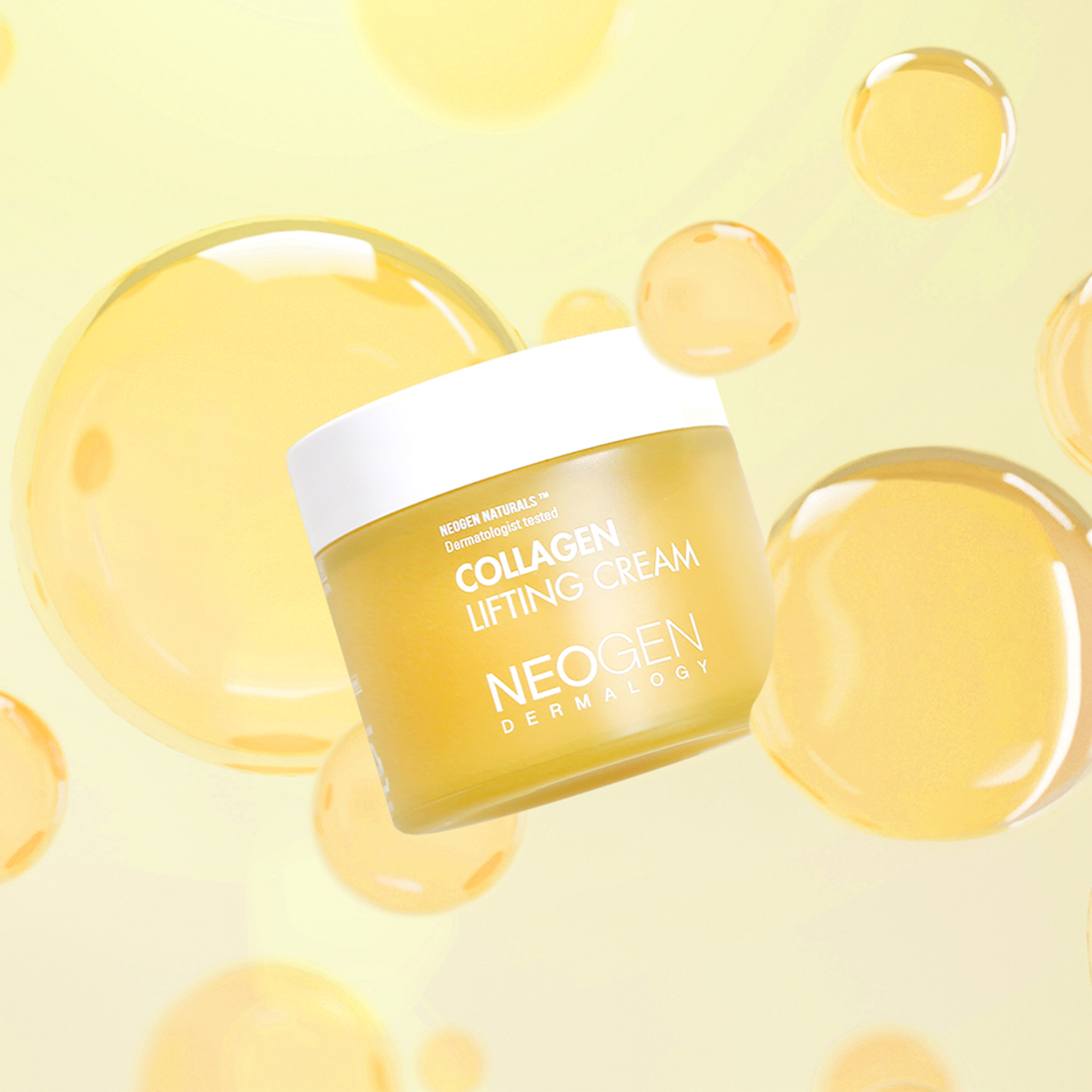 Décris l'image en français en mentionnant NEOGEN Collagen Lifting Cream 70ml, la marque, et la crème sur fond doré.