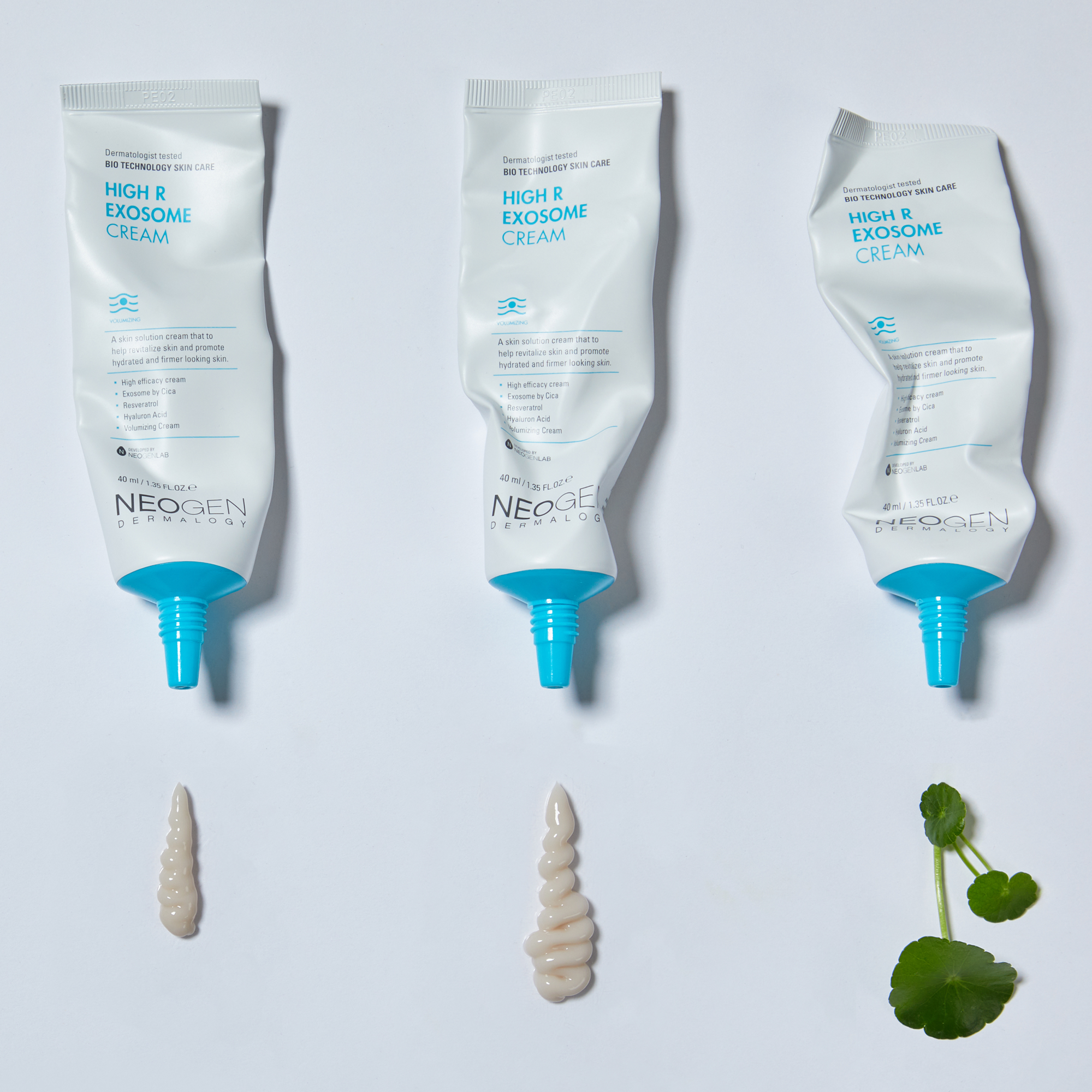 NEOGEN Hyal Exosome Cream 40ml, crèmes de la marque NEOGEN sur fond blanc; textures et ingrédients visuels, photo produit.