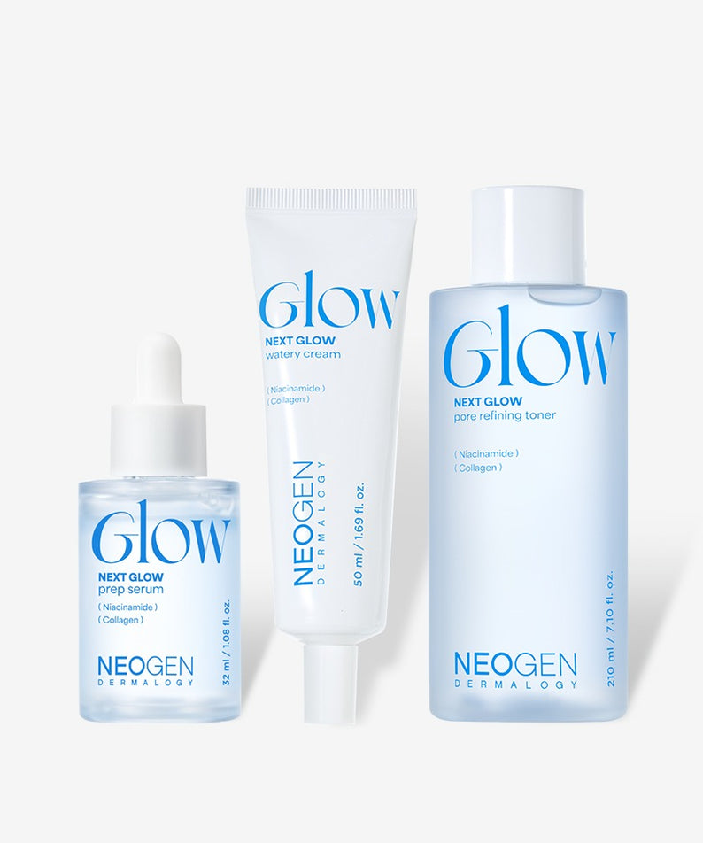 Décris l'image en français : NEOGEN Next Glow 3-Piece Det avec prep serum, moisture cream et toner, flacons sur fond clair.