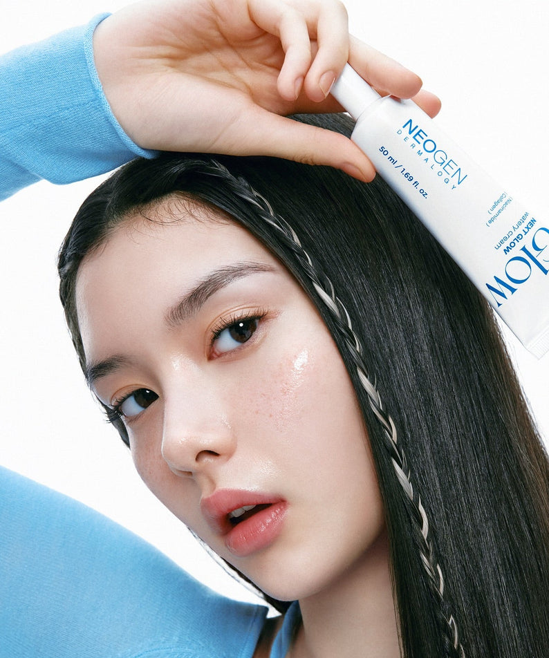 NEOGEN  Next Glow Moisture Cream 50ml : tube appliqué sur le visage, main en action, peau hydratée, photo produit.