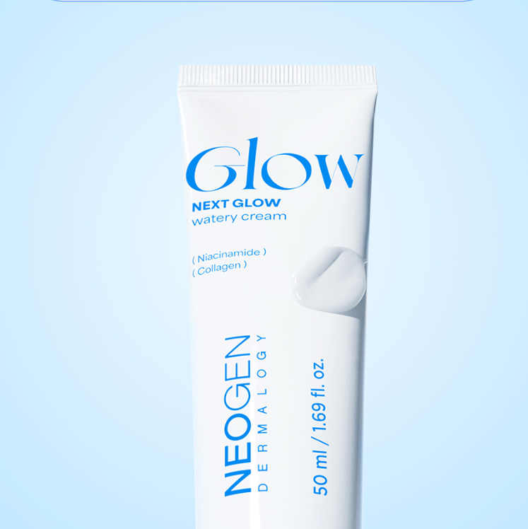 NEOGEN Next Glow Moisture Cream 50ml, tube crème hydratante sur fond bleu, marquage Glow et Next Glow.