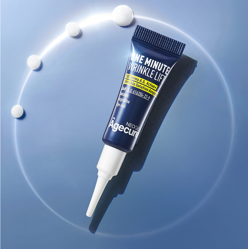 NEOGEN One Minute Wrinkle Lift Cream 3ml*4, tube cosmétique sur fond bleu avec halo lumineux, gouttes et effet anti-rides