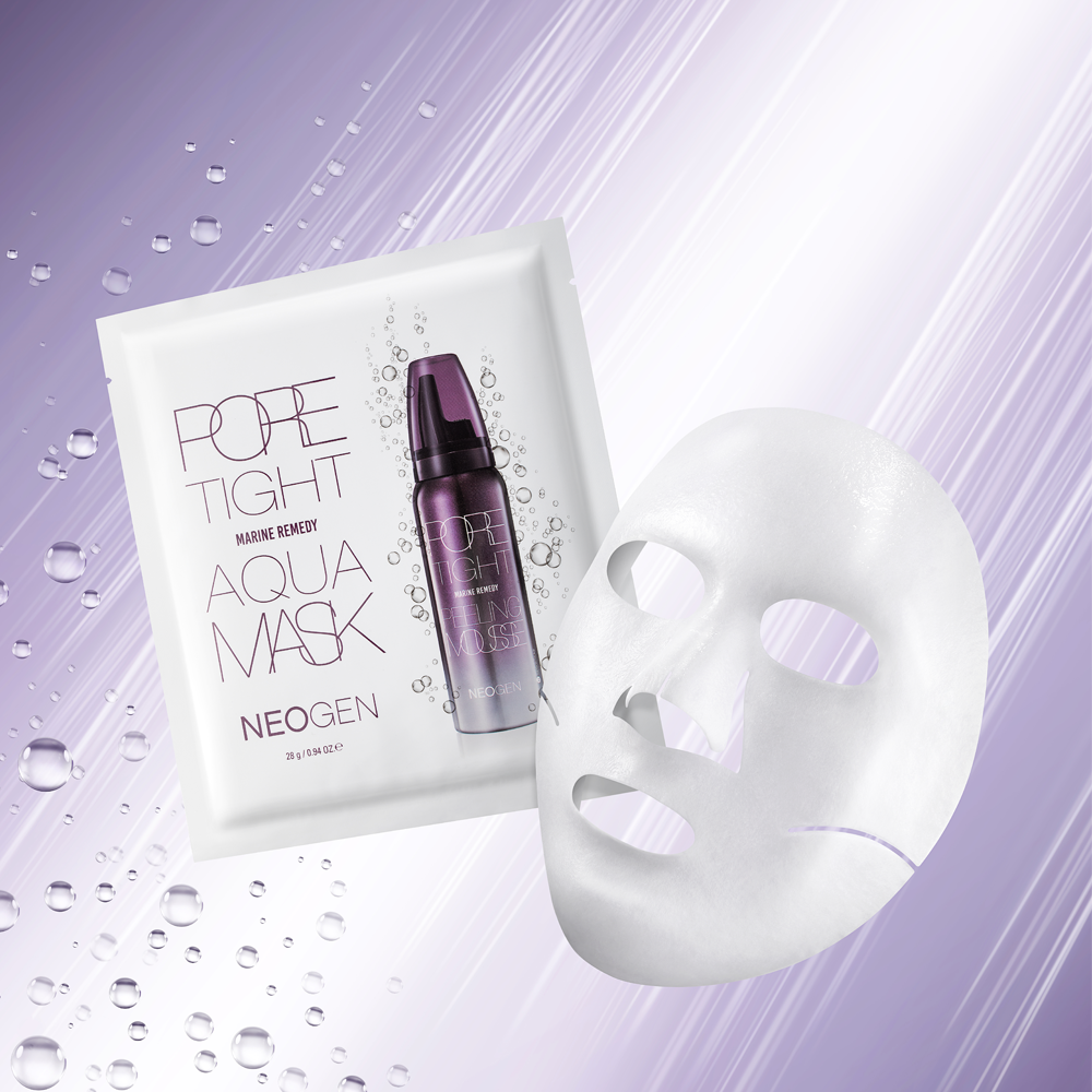 NEOGEN Pore Tite Aqua Mask 5 Pack, masque hydratant de NEOGEN sur fond violet avec masques en feuille et gouttes.