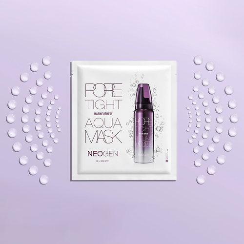 NEOGEN Pore Tite Aqua Mask 5 Pack de la marque NEOGEN, masque visage en pochette sur fond violet avec bulles d’eau.