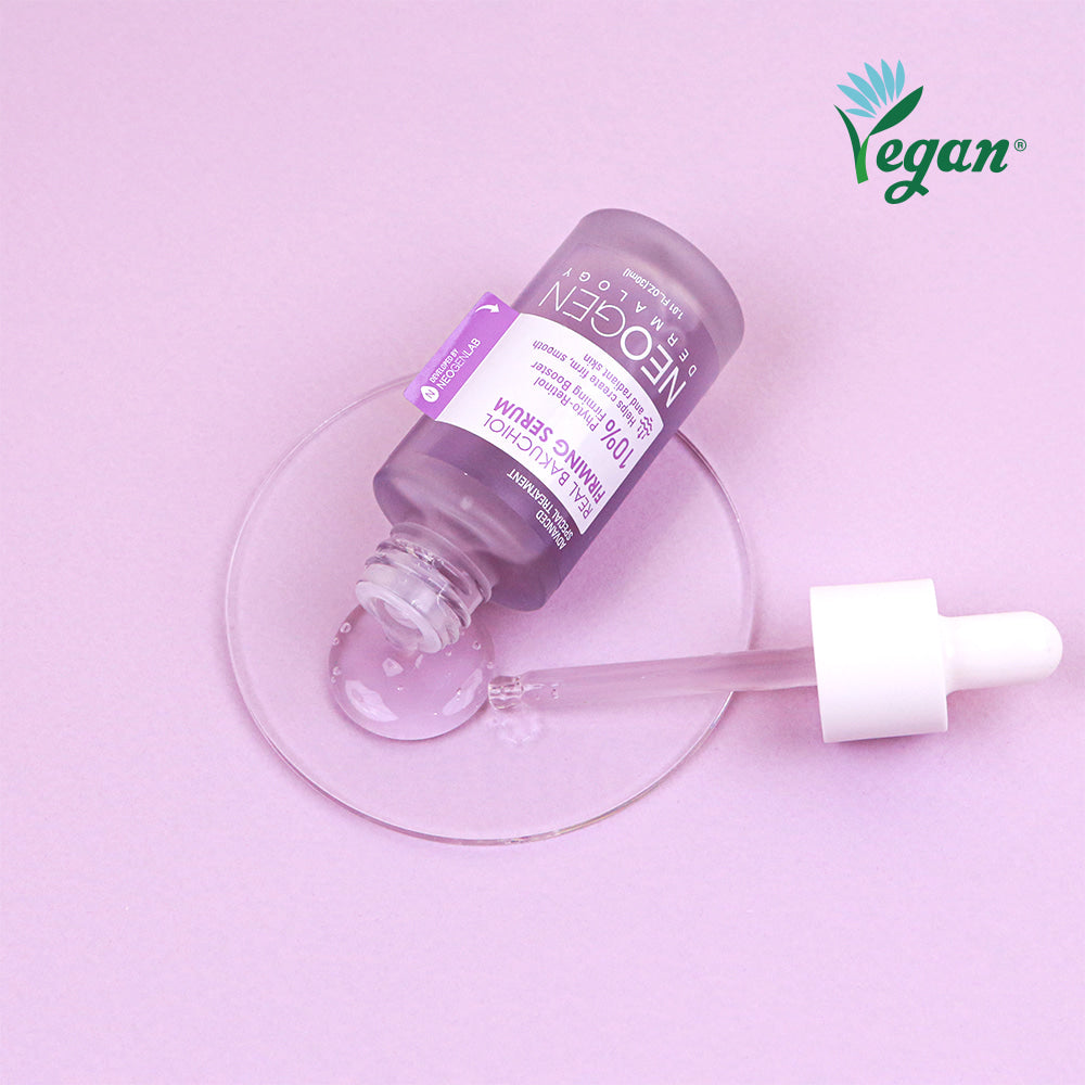 NEOGEN Real Bakuchiol Firming Serum 30ml de la marque NEOGEN, flacon et goutteur sur fond violet vegan