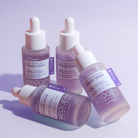 NEOGEN Real Bakuchiol Firming Serum 30ml : flacons violets sur fond clair, présentation produit de la marque NEOGEN