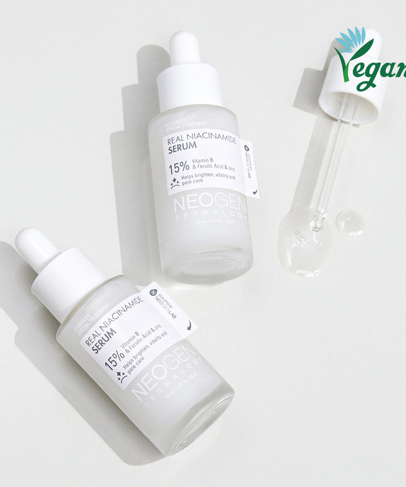 NEOGEN Real Niacinamide 15% Serum 30ml de NEOGEN, flacons et pipettes sur fond blanc, style skincare vegan