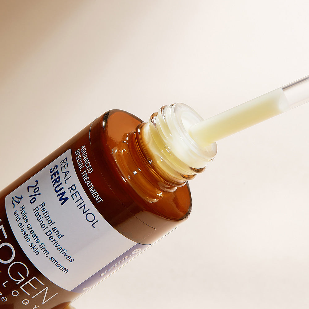 NEOGEN Real Retinol Serum 30ml de la marque NEOGEN, flacon ambré avec pipette sur fond clair, style produit cosmétique.
