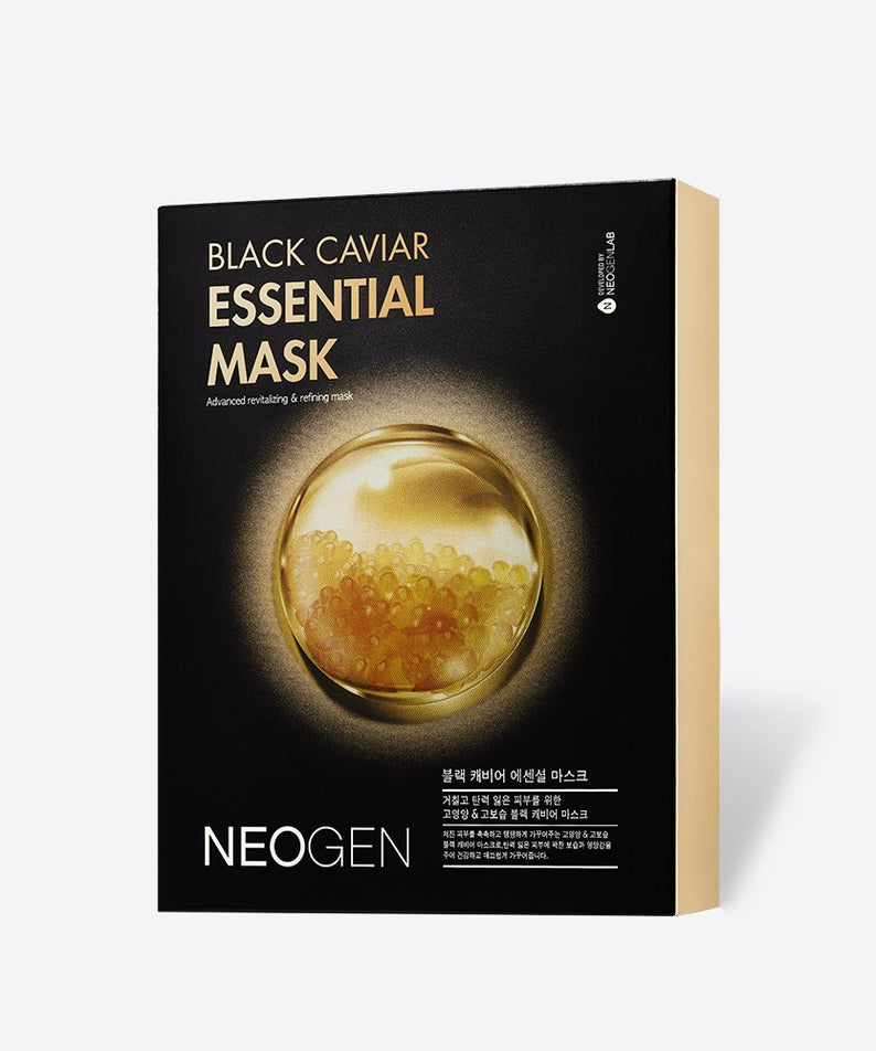 Image du produit NEOGEN Black Cavier Essentail Mask 10 Sheets sur fond blanc, montrant l'emballage élégant avec des motifs de caviar.
