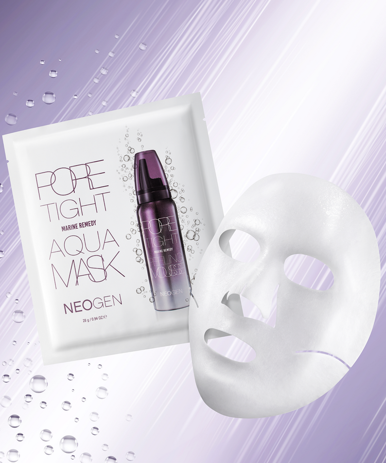 Masque hydratant en feuille NEOGEN Pore Tite Aqua Mask 5 Pack sur un fond violet lumineux, cosmétique visage haute performance.