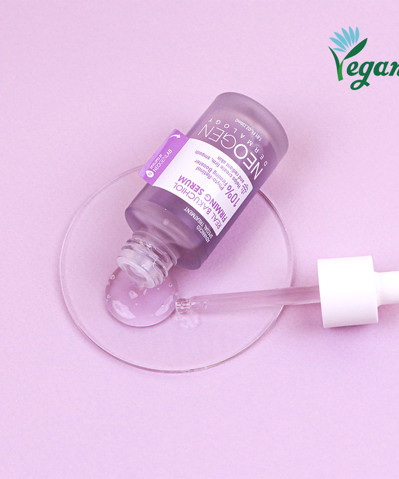 Sérum raffermissant NEOGEN Real Bakuchiol 30ml sur fond rose avec pipette, indiqué pour une peau éclatante et lisse, étiquette vegan visible.