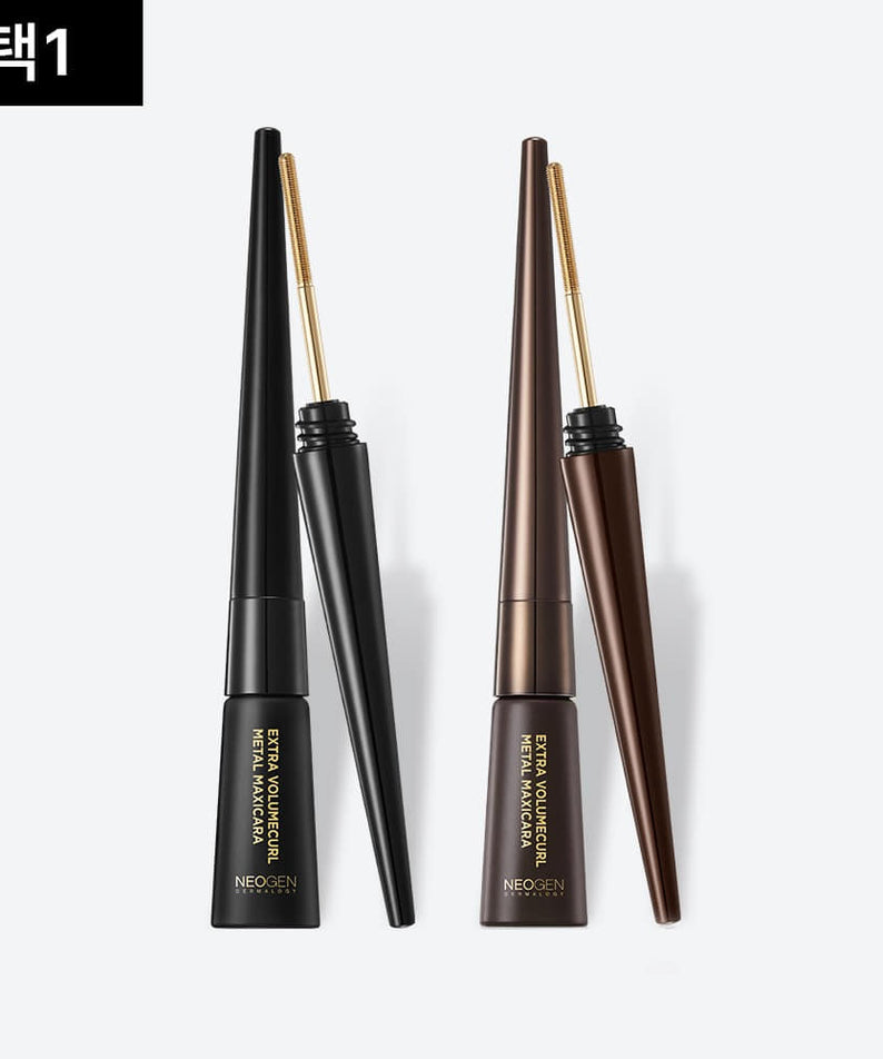 Mascara NEOGEN Volumizing Metal 4ml en noir et marron, idéal pour le volume des cils.