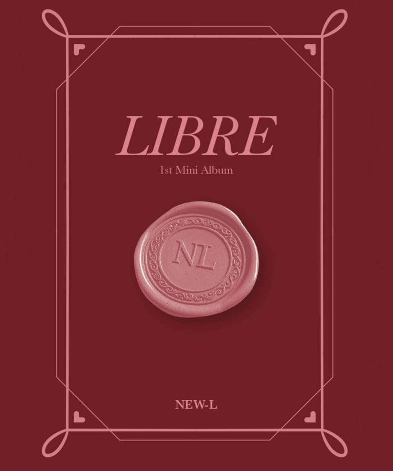 NEW-L - 1st Mini Album [LIBRE] - Album Kpop, visuel couverture bordeaux avec sceau NL, style packaging éditorial.