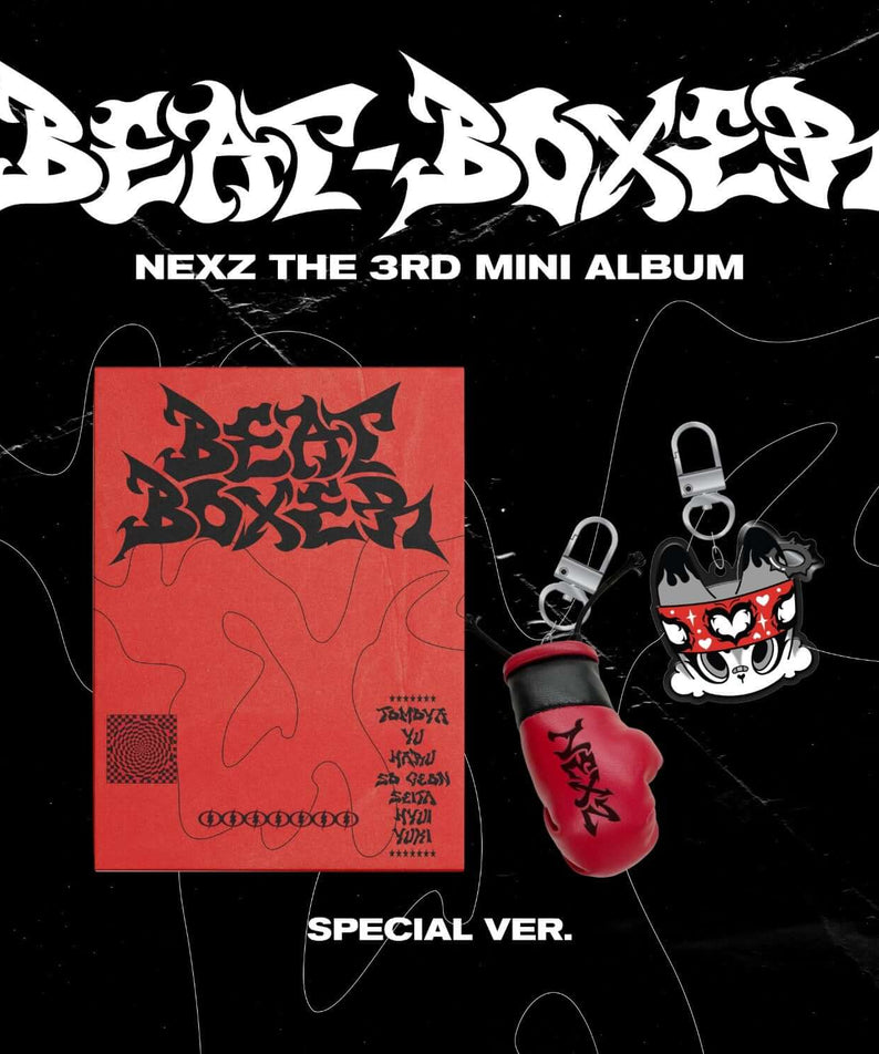 NEXZ - 3rd Album [Beat-Boxer] (Special ver.) - Album Kpop, visuel noir et rouge, pochette NEXZ, figurines, cadenas.