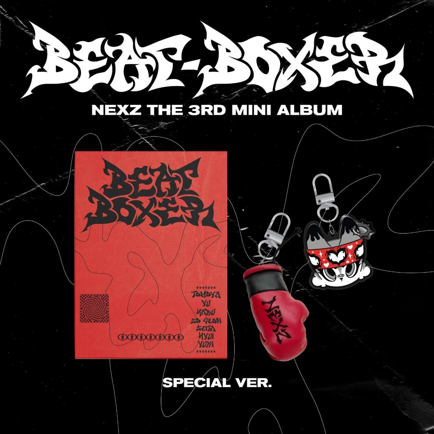 NEXZ - 3rd Album [Beat-Boxer] (Special ver.) - Album Kpop, visuel noir et rouge, pochette NEXZ, figurines, cadenas.