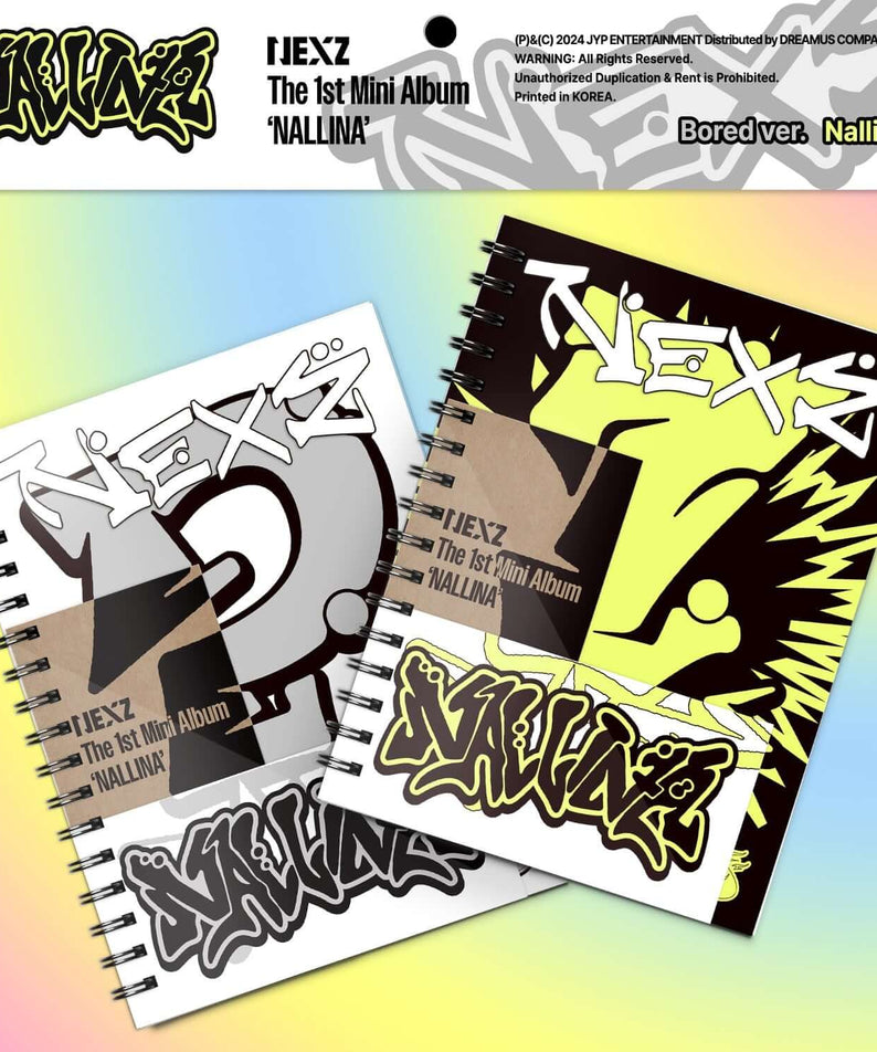 NEXZ - [NALLINA] (Standard) (Random 1 of 2) - Album Kpop NEXZ, pochette graffiti jaune/noir sur fond arc-en-ciel.
