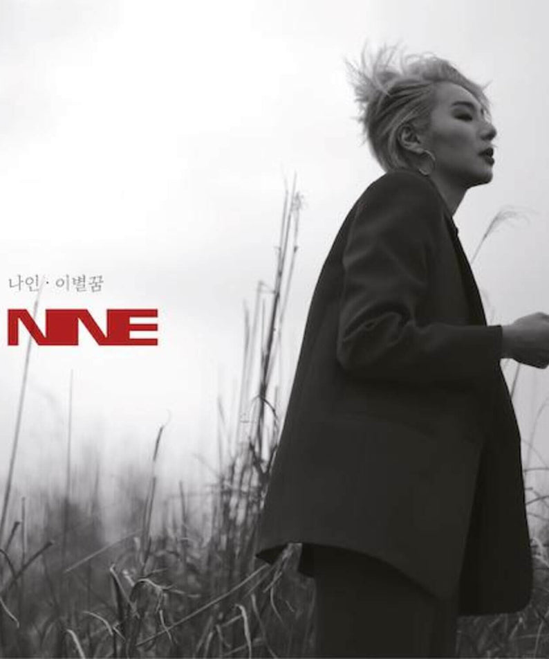 NINE9 - Album Kpop NINE9, couverture avec femme en extérieur, style K-pop, ambiance champ de fleurs et ciel blanc.
