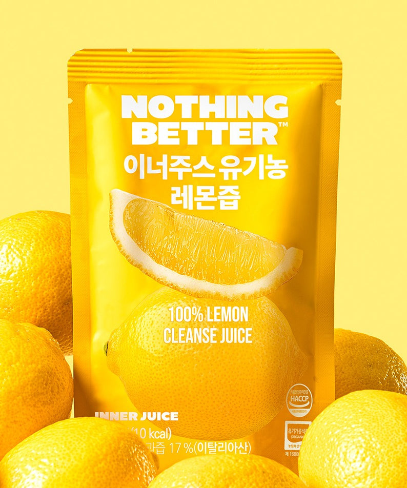 NOTHING BETTER Inner Juice 100% Lemon Cleanse Juice 100ml (X24) : sachet jaune et citrons, fond jaune, produit en pack