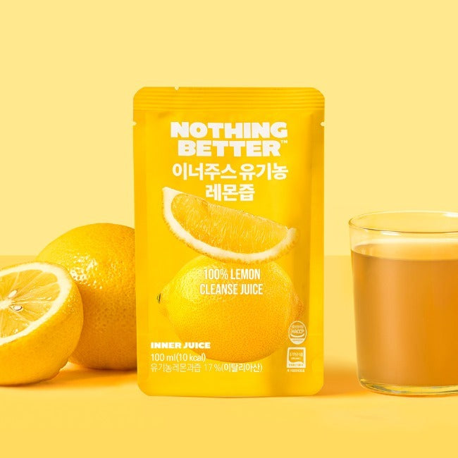 NOTHING BETTER Inner Juice 100% Lemon Cleanse Juice 100ml (X24) sur fond jaune, citrons et verre de jus, marque visible