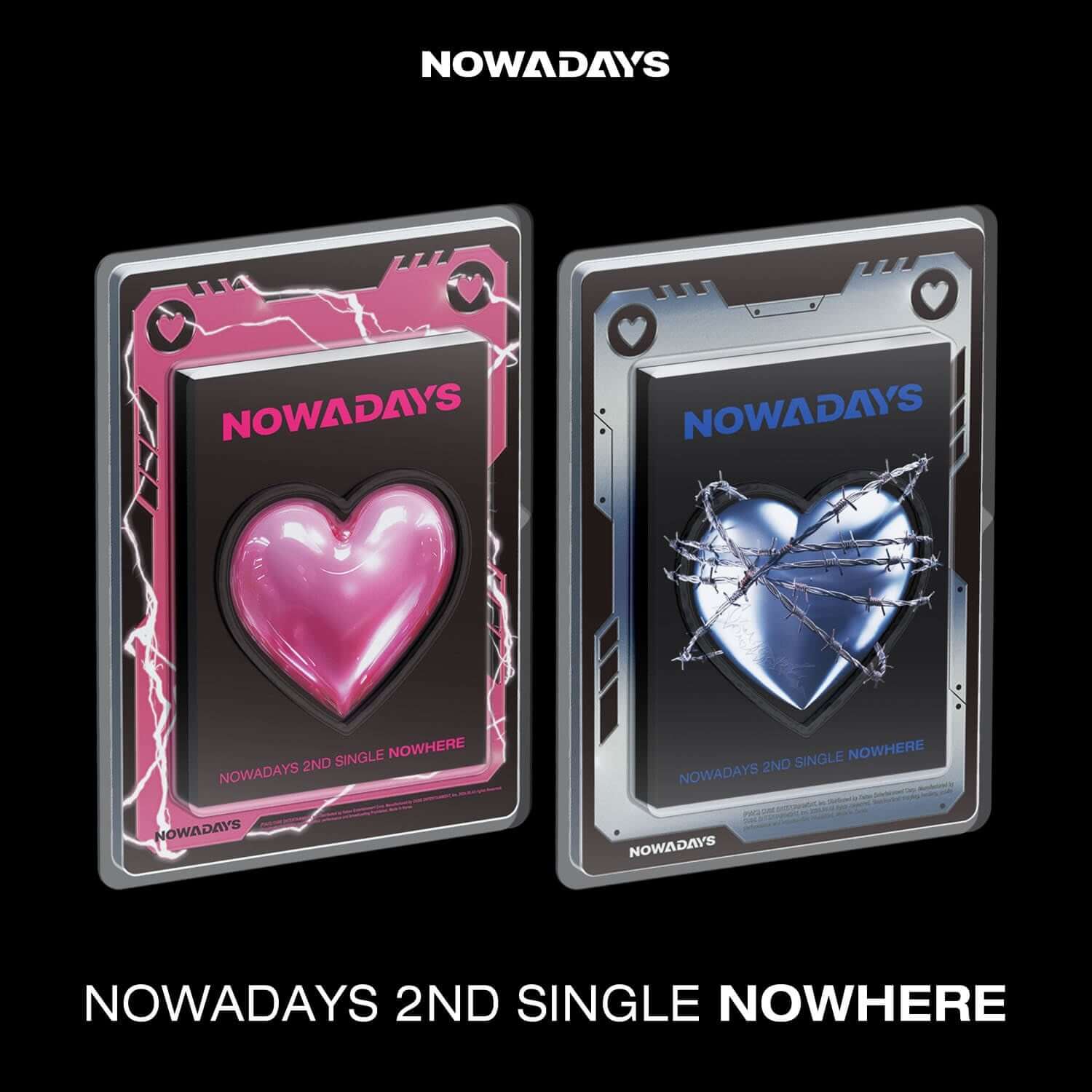 NOWADAYS - 2nd Single [NOWHERE] (Where Ver. / Here Ver.)(Random) - Album Kpop, visuel coffrets noir & rose, cœur illuminé