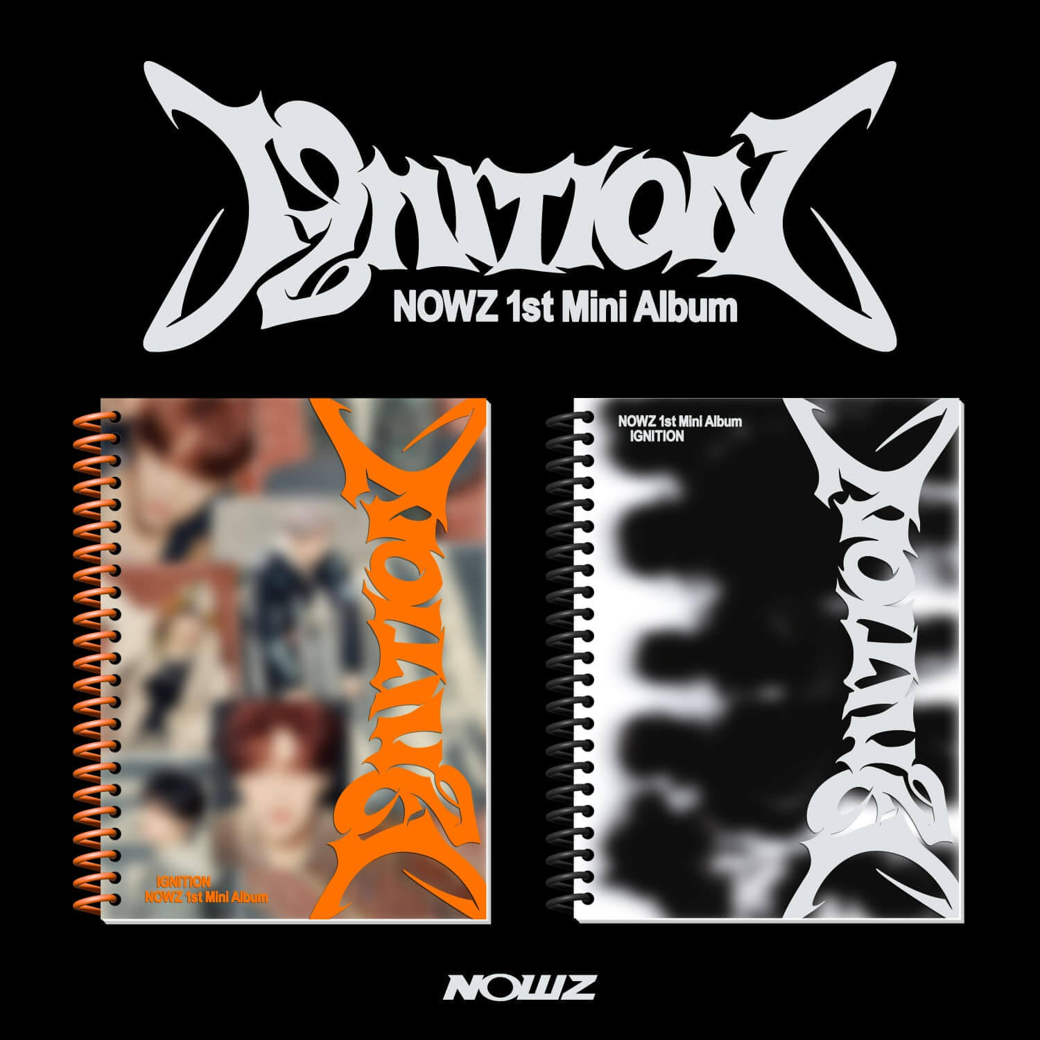 NOWZ - 1st Mini Album [IGNITION] (Set of 2) - Album Kpop, couverture noire/blanche avec nom NOWZ sur image promotionnelle