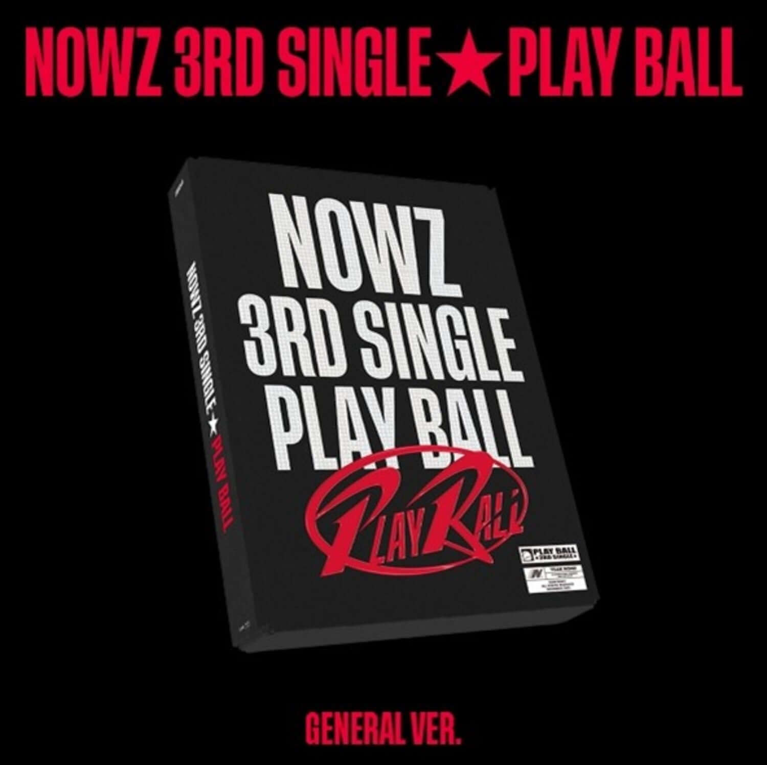 NOWZ - [Play Ball] (General VER.) - Album Kpop : jaquette NOWZ 3rd Single, fond noir, style rouge et noir.