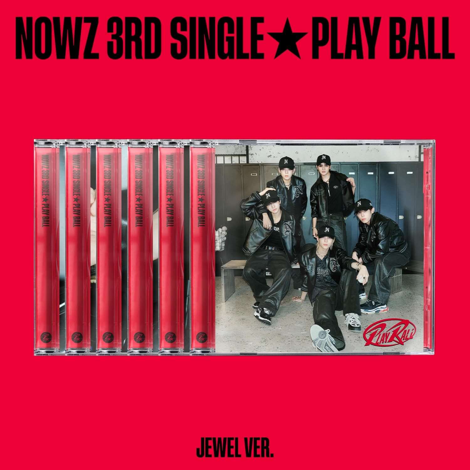 NOWZ - [Play Ball] (Jewel VER.) (Random 1 of 6) - Album Kpop NOWZ, visuel rouge avec groupe en veste, coffret Jewel VER.