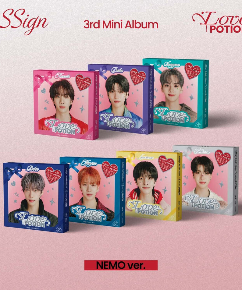 N.SSIGN - 3rd Album [Love Potion] (NEMO ver.) Random - Album Kpop, coffrets NEMO avec visuels “Love Potion” en fond rose/bleu