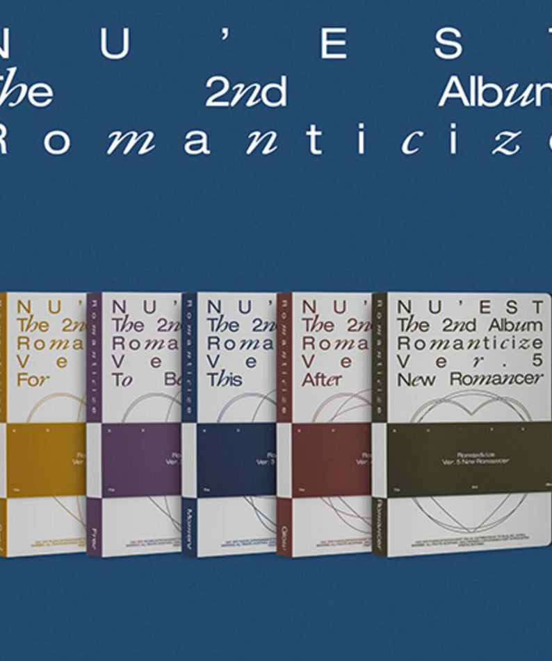 NU'EST - The 2nd Album [Romanticize] - Album Kpop : coffrets de disques NU’EST sur fond bleu, visuel romantique