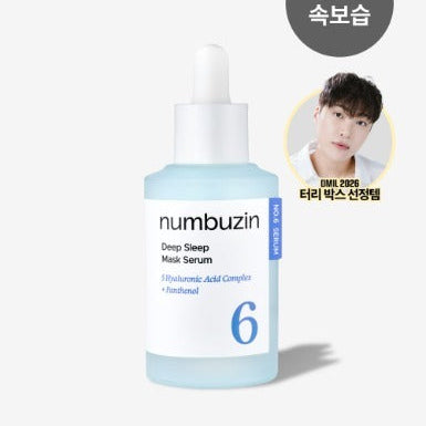 NUMBUZIN No. 6 Deep Sleep Mask Pack Serum 50ml, flacon numbuzin sur fond clair, ambiance soins visage en sommeil.