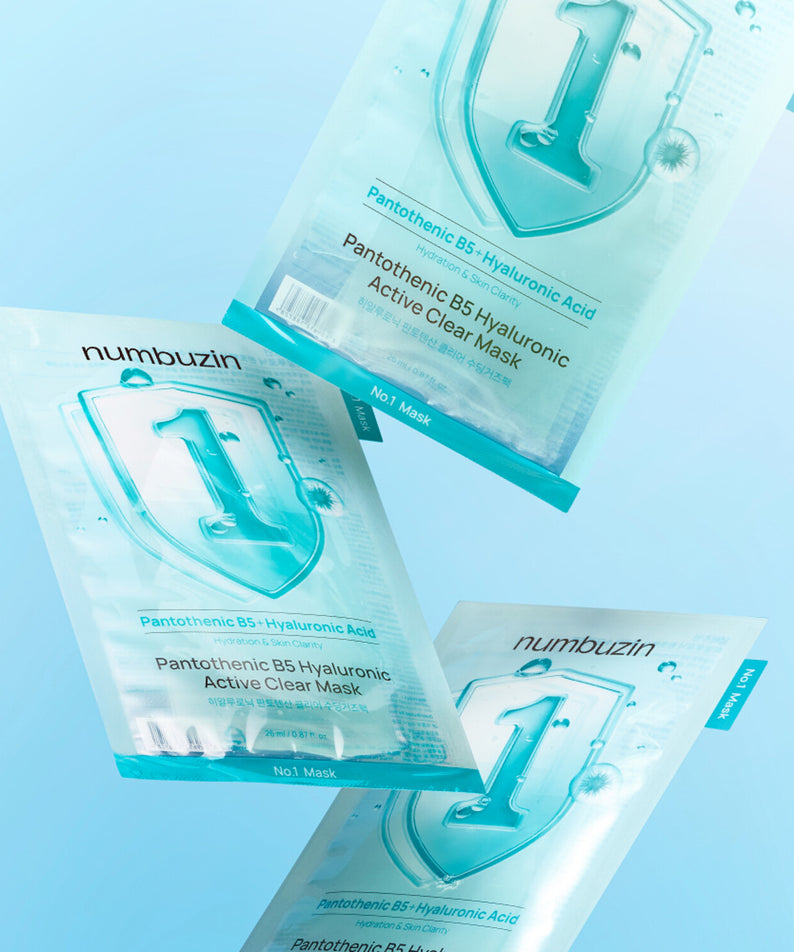 NUMBUZIN No.1 Hyaluronic Panthenic Acid Clear Soothing Gauze Pack 10 sheets sur fond bleu, masques en gaze apaisante