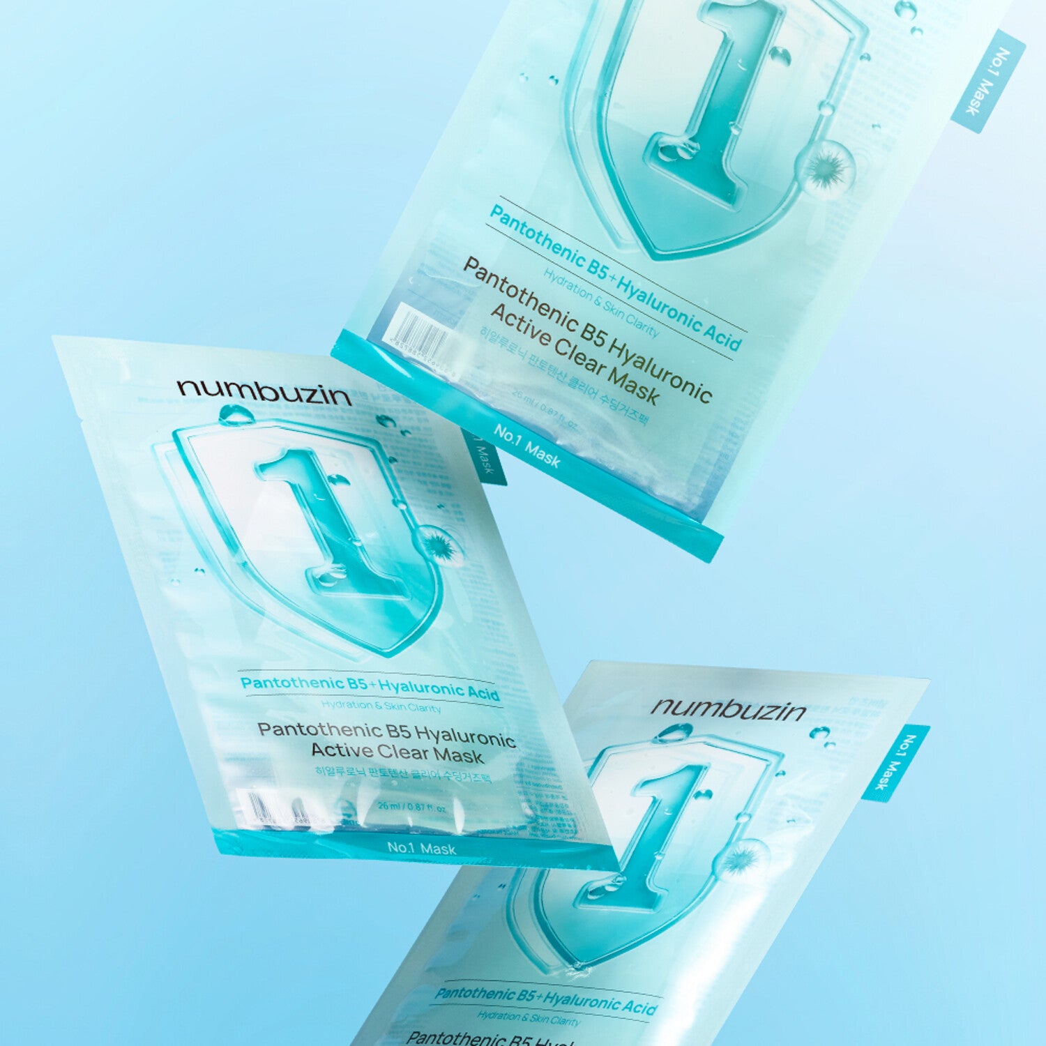 NUMBUZIN No.1 Hyaluronic Panthenic Acid Clear Soothing Gauze Pack 10 sheets sur fond bleu, masques en gaze apaisante