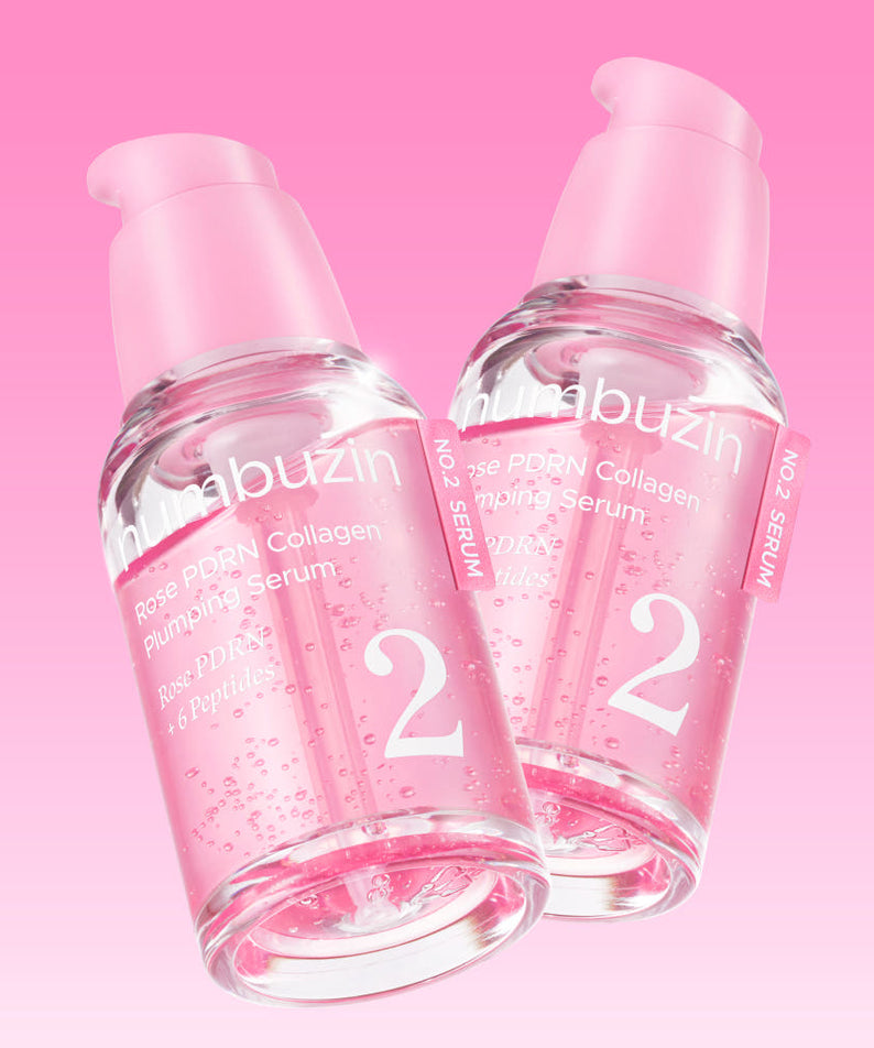 NUMBUZIN No.2 Rose PDRN Collagen Plumping Serum 30ml, flacons roses sur fond rose, produits beauté en vue