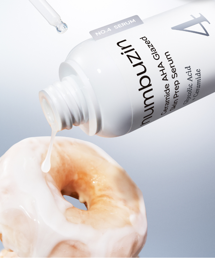 NUMBUZIN No.4 Ceramide AHA Glazed Skin Prep Serum 30ml, flacon sur beignet illustré, sérum gouttant, marque NUMBUZIN