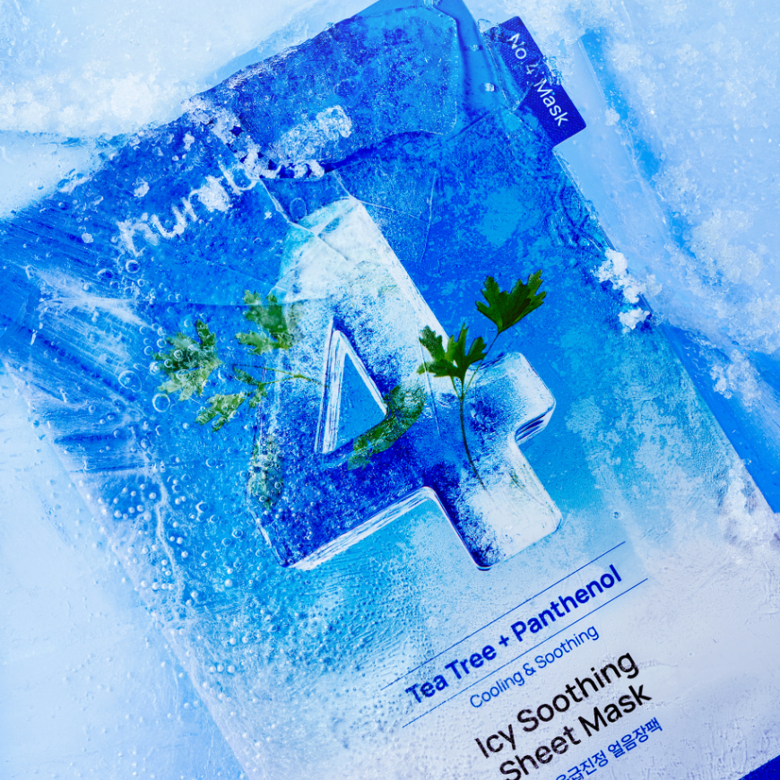 NUMBUZIN No.4 Icy Soothing Sheet Mask 27ml, marque NUMBUZIN, feuille masque sur fond bleu glacé, apaisant.