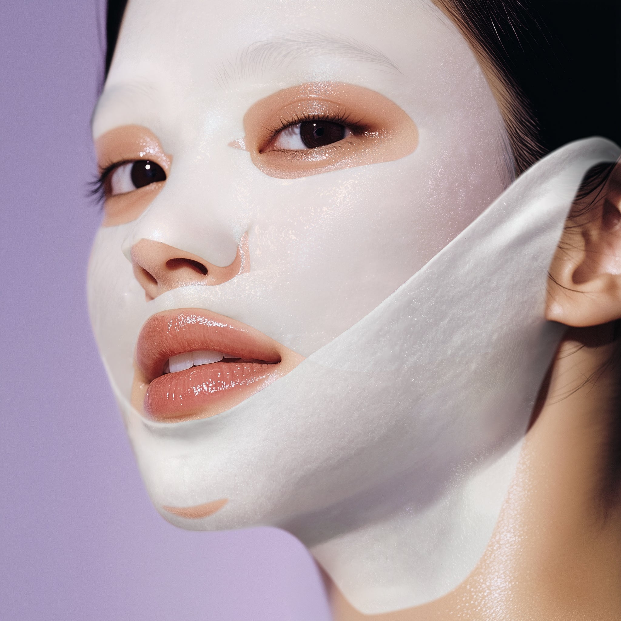 NUMBUZIN No.9 NMN Bio Lifting Full Face Pack 4 sheets : masque visage sur modèle, peau lumineuse, ambiance spa
