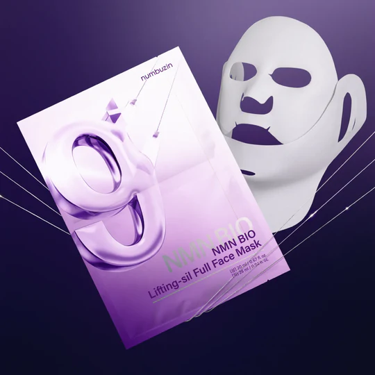 NUMBUZIN No.9 NMN Bio Lifting Full Face Pack 4 sheets : masque visage sur fond violet, marque numbuZin, look lifting.