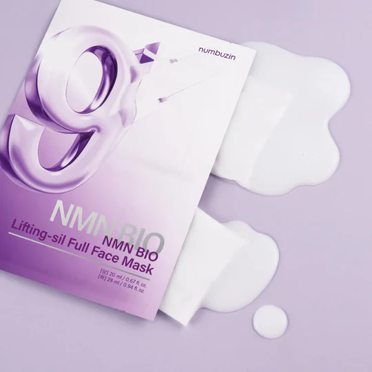 NUMBUZIN No.9 NMN Bio Lifting Full Face Pack 4 sheets : masque lifting NMN Bio sur fond violet, marque numbu zin