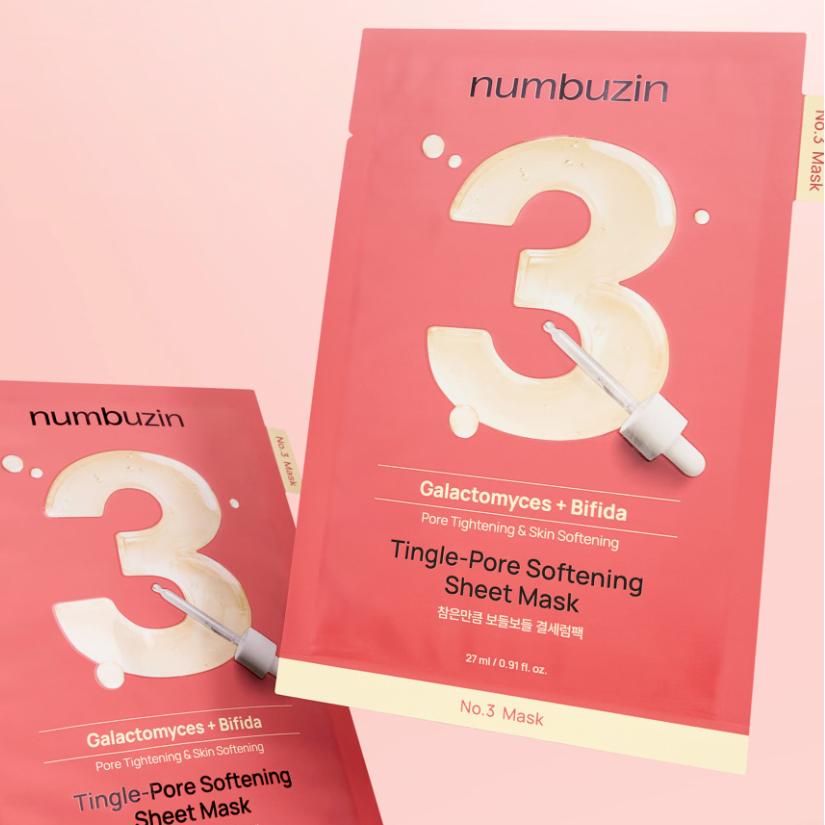 NUMBUZIN Tingle-Pore Softening Sheet Mask 27ml de numBUZIN en pack rose, masque en feuille sur fond clair.