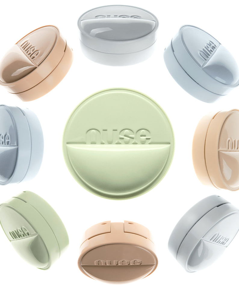 NUSE 1+1 Reju Toning Sun Cushion, coussin solaire NUSE en plusieurs coloris, vue sur fond blanc, packaging produit.