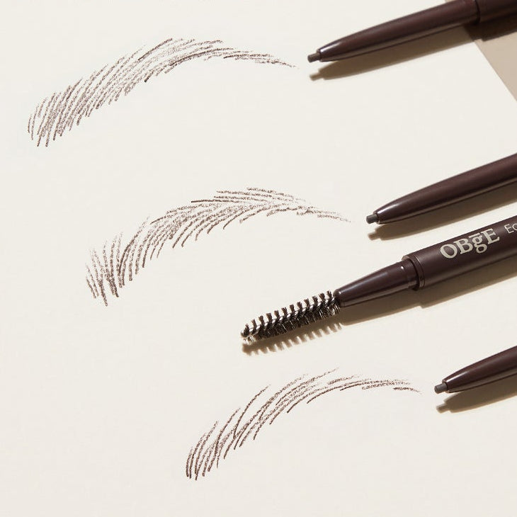 OBGE Easy Pencil Bro de la marque OBGE, sur fond clair, avec crayon à sourcils et pochoir de lignes de maquillage