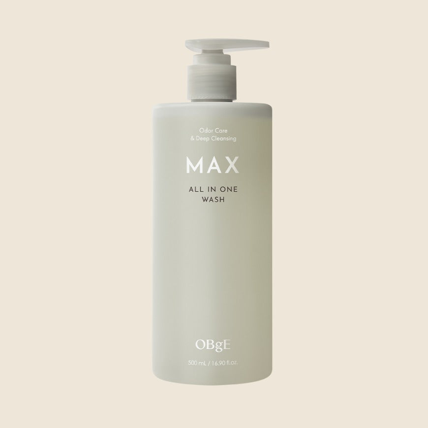 OBGE Max All-in-One Wash 500ml, bouteille blanche sur fond clair, marque OBGE, visuel produit.