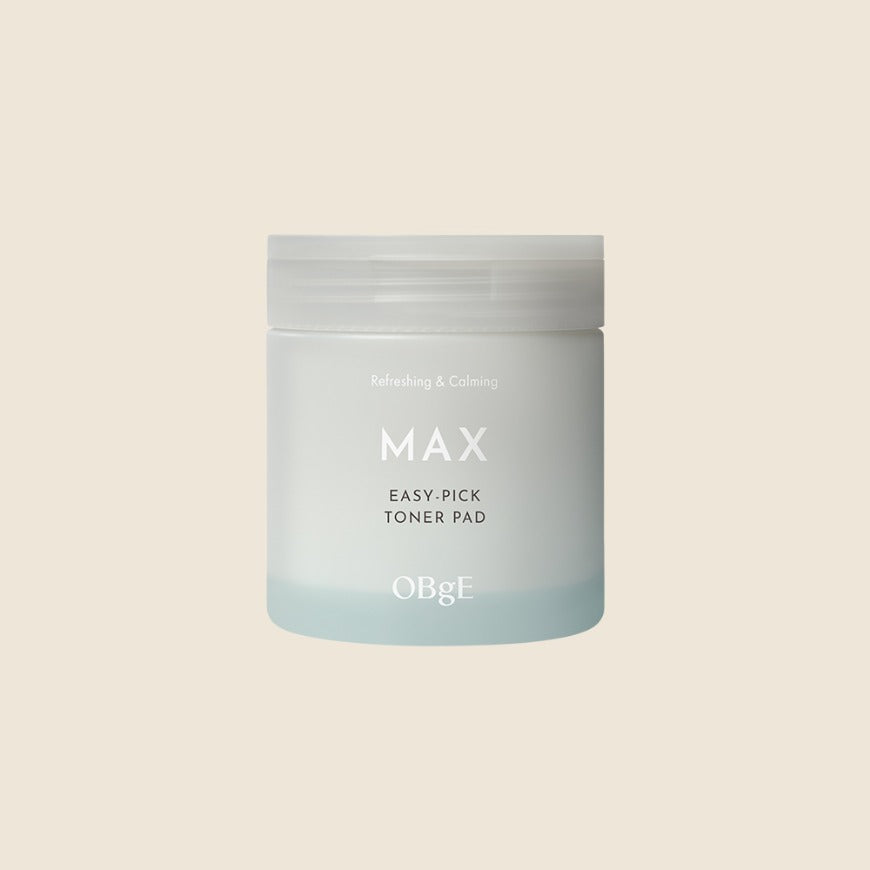 OBGE Max Easy Pick Toner Pad 250ml de la marque OBGE, flacon/boîte sur fond beige, visuel produit cosmétique.