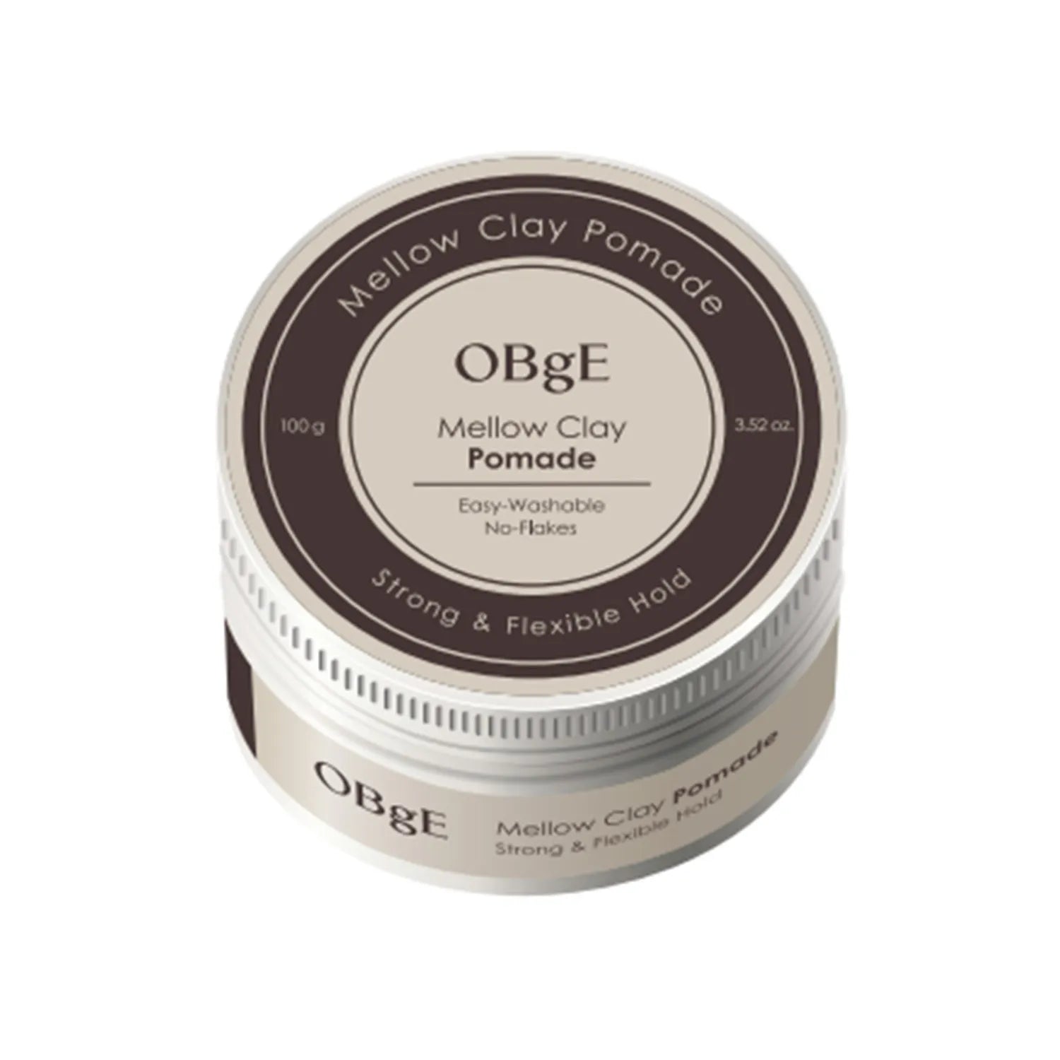 OBGE Mellow Clay Pomade 100g de la marque OBGE, pot de cire coiffante sur fond clair, vue produit.