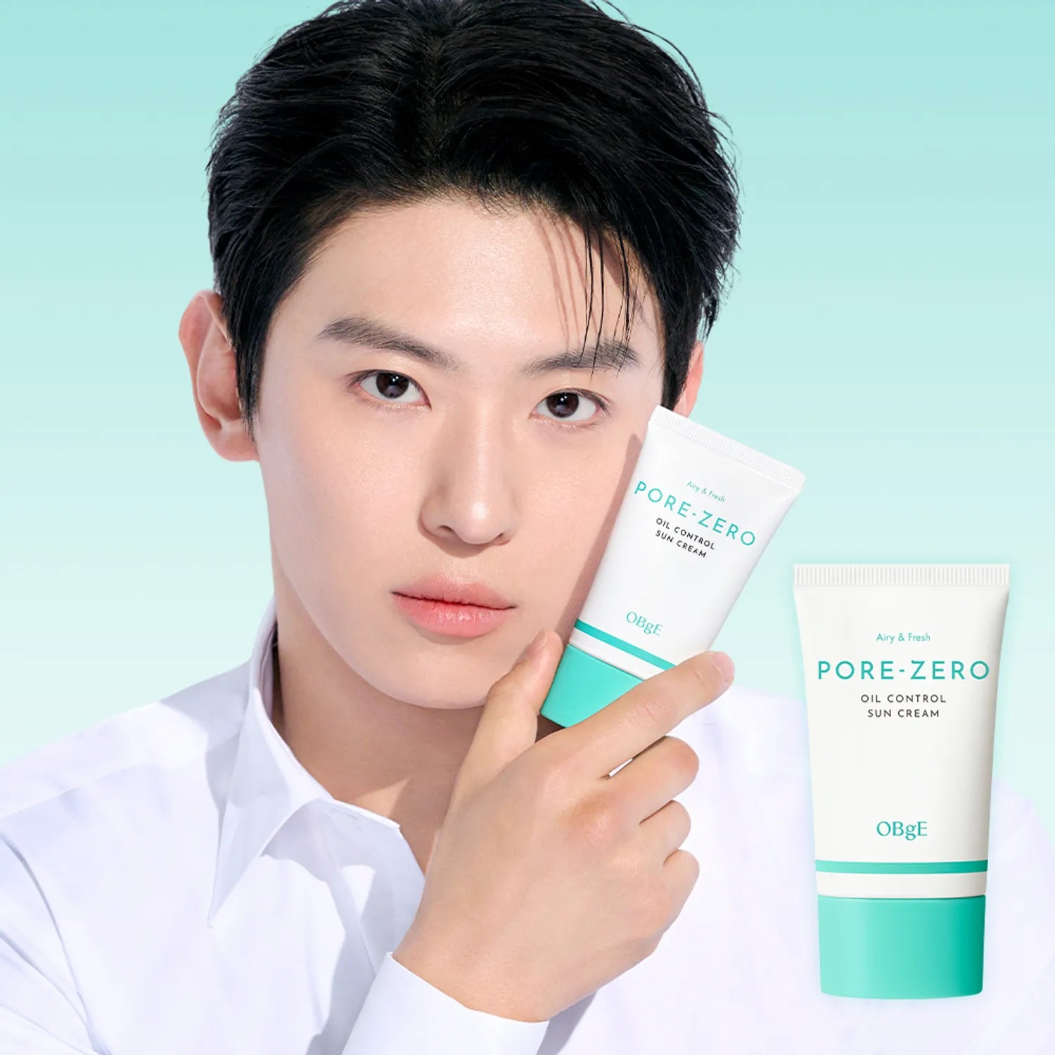 Décris l'image en français en mentionnant le produit, la marque et le contexte visuel : OBGE Pore Zero Oil Control Sunscreen 50ml