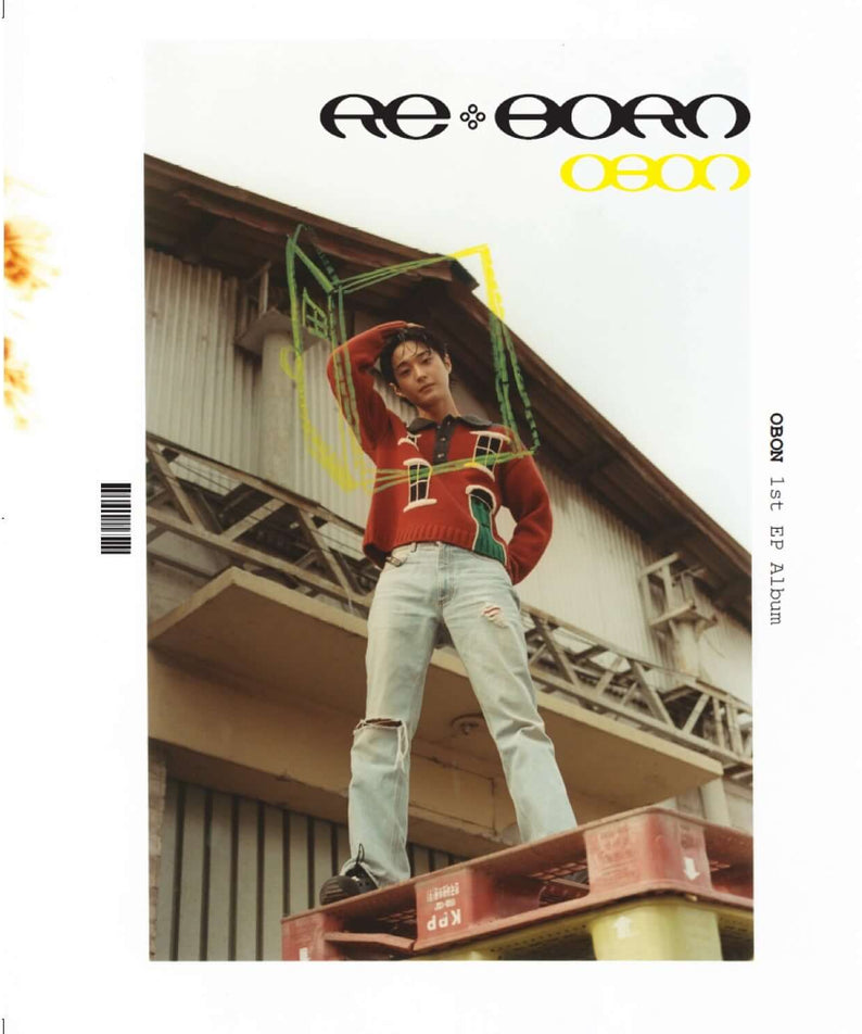 OBON - [RE : BORN] - Album Kpop, couverture OBON avec artiste en tenue rouge, décor urbain, vibe énergique