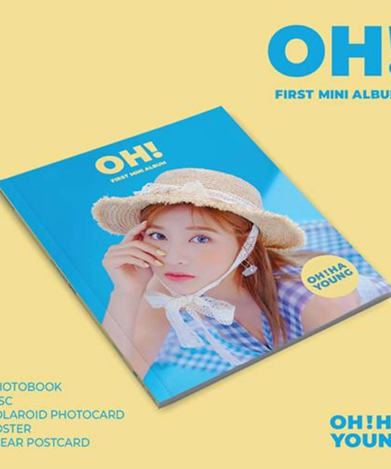 OH HAYOUNG - 1st Album [OH!] - Album Kpop : couverture bleu avec photo d’OH! HAYOUNG, disque et photocard sur fond jaune.